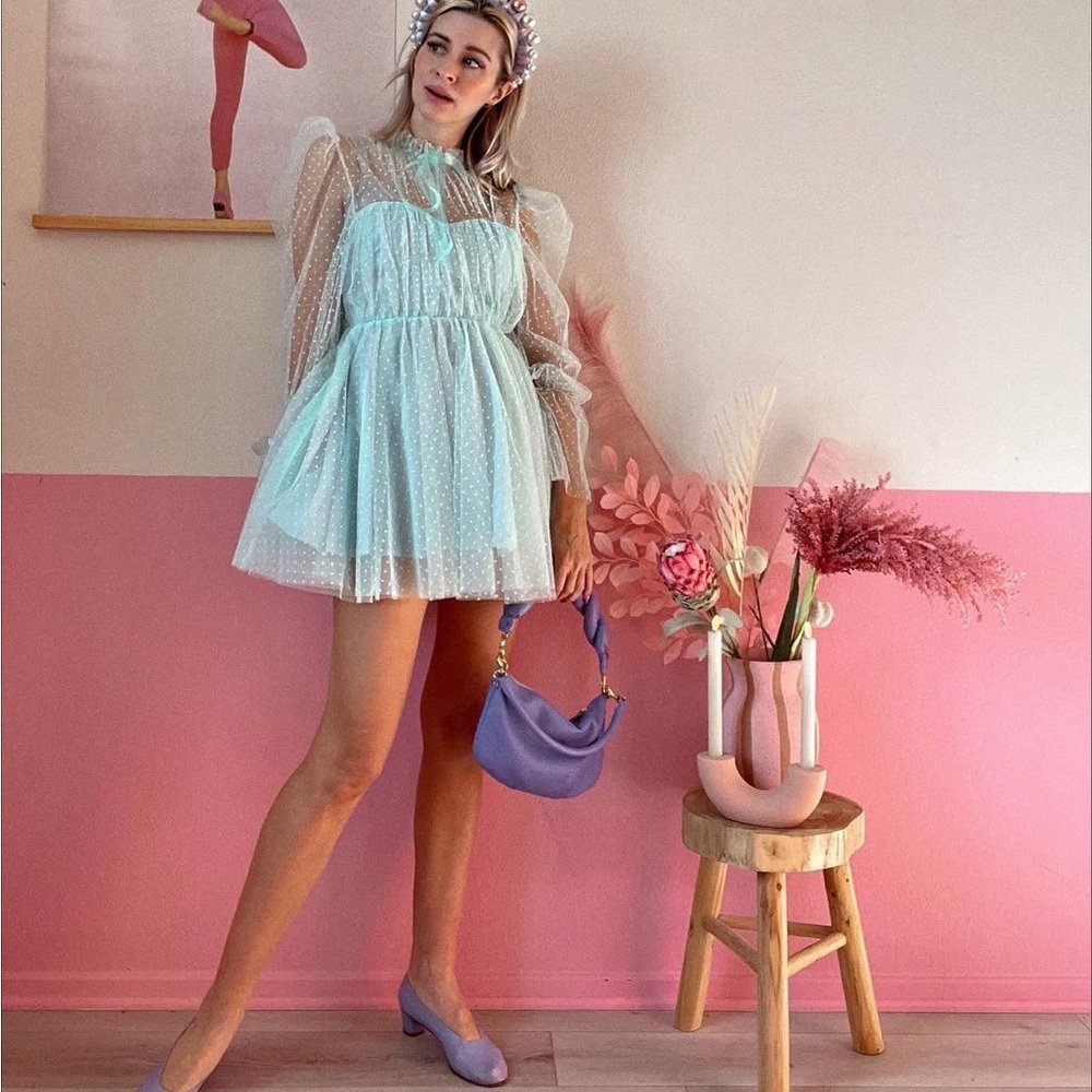 Elegant Sheer Polka Dot Dress in Light Blue